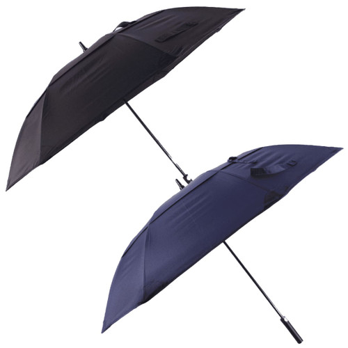 A 60" vented tipless golf umbrella in black and navy, featuring a sleek design and a handle with a logo. A 60" vented tipless golf umbrella in black and navy, featuring a sleek design and a handle with a logo.