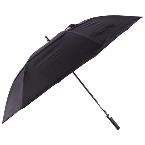 A black vented tipless golf umbrella with a sleek design and a handle, featuring a logo. A black vented tipless golf umbrella with a sleek design and a handle, featuring a logo.