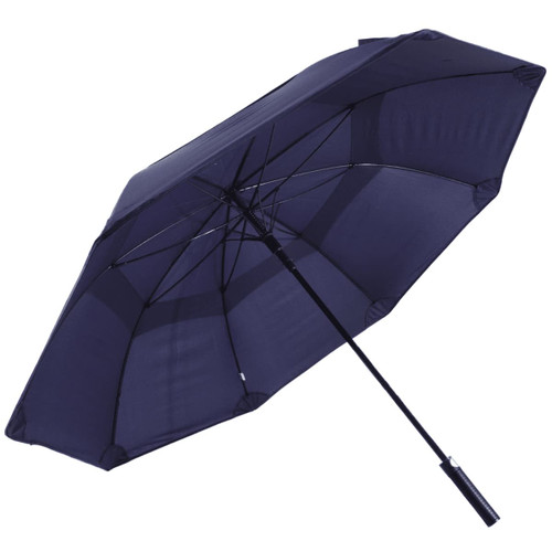A navy blue vented tipless golf umbrella with a sturdy frame and an ergonomic handle. Features branding. A navy blue vented tipless golf umbrella with a sturdy frame and an ergonomic handle. Features branding.