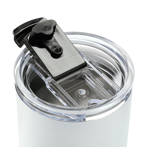 A drink bottle featuring a white exterior and a clear, black-lidded opening. It has a logo displayed.