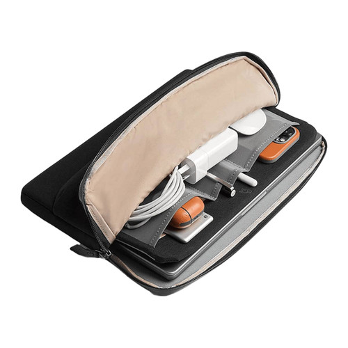 A black laptop caddy featuring a light interior, holding tech accessories, cables, and a laptop. It has a branded logo. A black laptop caddy featuring a light interior, holding tech accessories, cables, and a laptop. It has a branded logo.