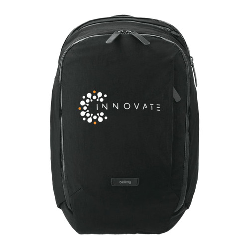 A black backpack with a logo on the front, featuring a sleek design and multiple compartments.