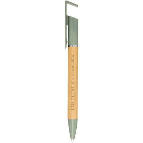 A green and natural bamboo pen with a clip and branding. Designed as a multifunctional phone holder. A green and natural bamboo pen with a clip and branding. Designed as a multifunctional phone holder.