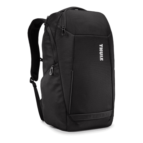 A black backpack with a structured design, featuring padded shoulder straps and a logo. A black backpack with a structured design, featuring padded shoulder straps and a logo.