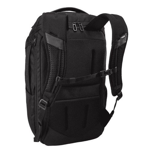 A black backpack with padded straps and multiple compartments, featuring a logo on the side. A black backpack with padded straps and multiple compartments, featuring a logo on the side.