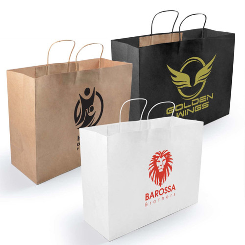 Three extra large paper bags in brown, black, and white with handles and various logos. Three extra large paper bags in brown, black, and white with handles and various logos.