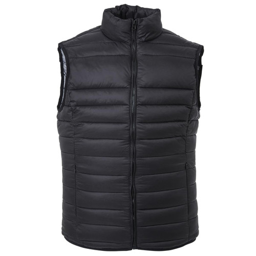A black puffer vest with a high collar and zip closure. Features a quilted design. Includes branding. A black puffer vest with a high collar and zip closure. Features a quilted design. Includes branding.