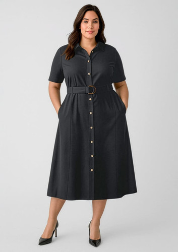 A women's midi dress in dark grey with short sleeves, a button-down front, and a belted waist. Features a logo.