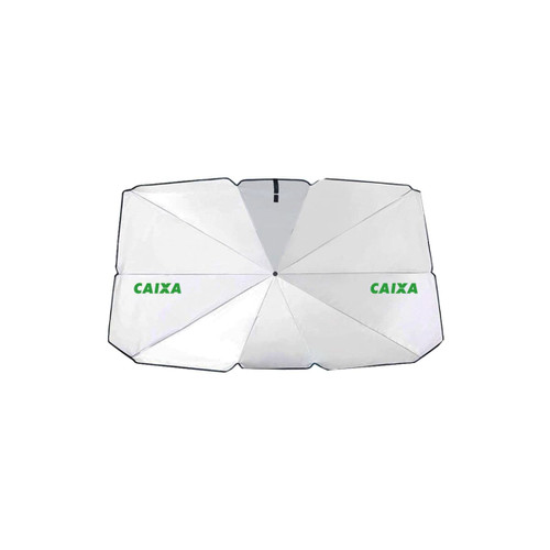 A small car shade umbrella in white with a logo, designed to protect vehicles from sunlight. A small car shade umbrella in white with a logo, designed to protect vehicles from sunlight.