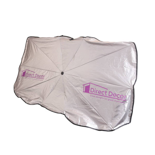 A small silver car shade umbrella featuring a logo, designed for outdoor sun protection. A small silver car shade umbrella featuring a logo, designed for outdoor sun protection.