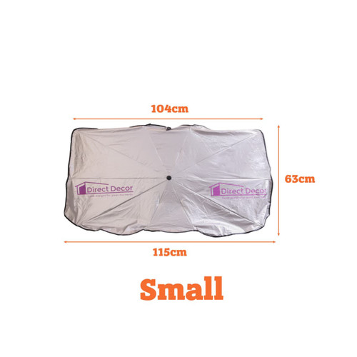 A small silver car shade umbrella with dimensions of 104cm by 63cm, featuring a logo. A small silver car shade umbrella with dimensions of 104cm by 63cm, featuring a logo.