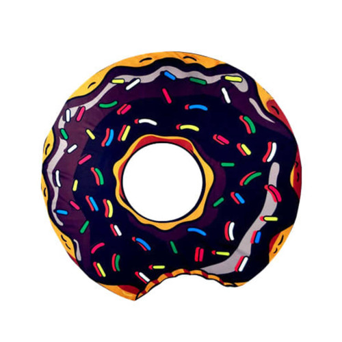 A custom-shaped beach towel in the design of a colourful doughnut, featuring sprinkles and a hole in the centre. A custom-shaped beach towel in the design of a colourful doughnut, featuring sprinkles and a hole in the centre.