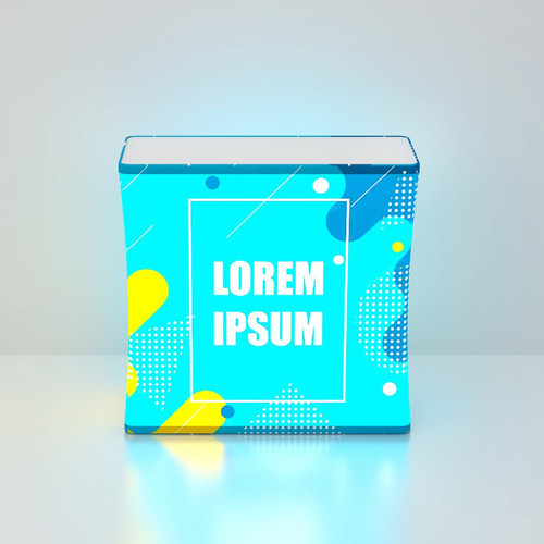 A backlit LED display with a blue background featuring abstract shapes in yellow and white, and a logo. A backlit LED display with a blue background featuring abstract shapes in yellow and white, and a logo.