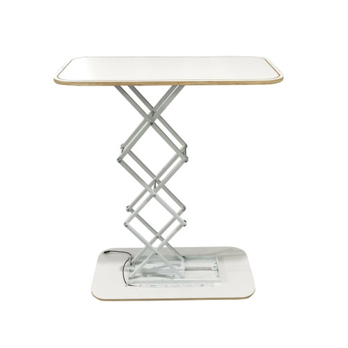 A backlit LED spring-up display in rectangular shape, featuring a white top and a silver scissor mechanism base. A backlit LED spring-up display in rectangular shape, featuring a white top and a silver scissor mechanism base.