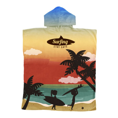 A cotton surf poncho towel in blue, orange, and cream, featuring a beach scene with silhouettes of surfers and palm trees.