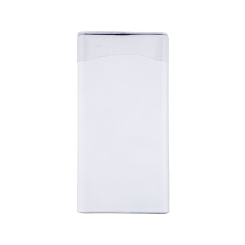 A flip-top tin containing spearmint mints, predominantly white with a clear lid. It features a branding logo.