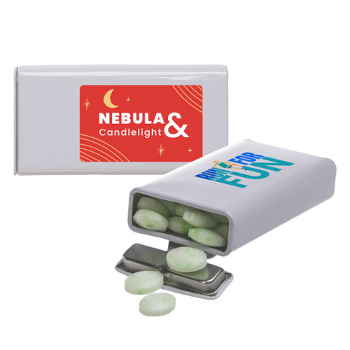 A flip top tin containing spearmint mints. The tin features a colorful label and holds several green mints inside. A flip top tin containing spearmint mints. The tin features a colorful label and holds several green mints inside.