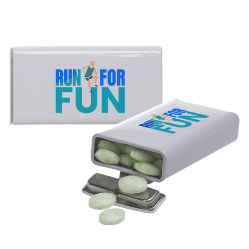 A silver flip-top tin filled with green spearmint candies, featuring a logo on the lid. A silver flip-top tin filled with green spearmint candies, featuring a logo on the lid.