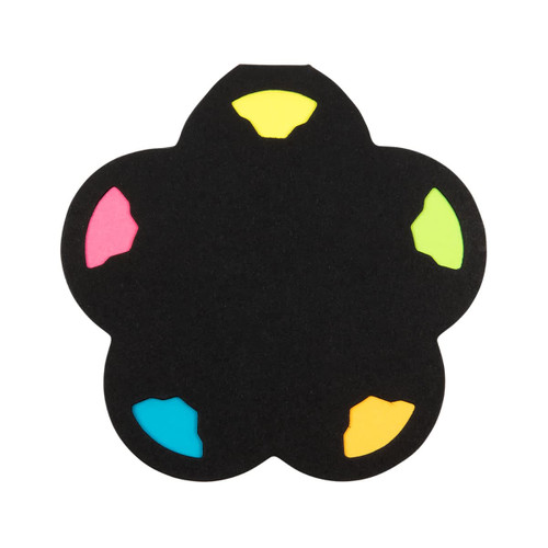A flower-shaped sticky note holder in black with colourful sticky notes in pink, yellow, green, and blue. A flower-shaped sticky note holder in black with colourful sticky notes in pink, yellow, green, and blue.