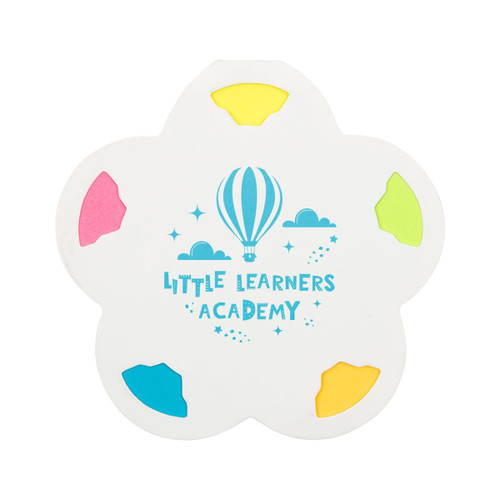 A flower-shaped sticky note holder with blue, pink, yellow, and green notes. Features a logo design. A flower-shaped sticky note holder with blue, pink, yellow, and green notes. Features a logo design.