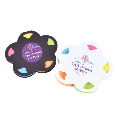 A flower-shaped set of sticky notes in black and white with colourful highlighted sections. Both have a branding logo. A flower-shaped set of sticky notes in black and white with colourful highlighted sections. Both have a branding logo.