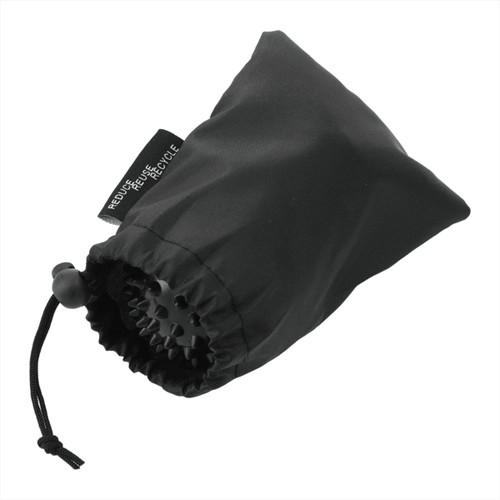 A black drawstring pouch containing a set of massage balls, with a textured surface for grip and comfort. A black drawstring pouch containing a set of massage balls, with a textured surface for grip and comfort.
