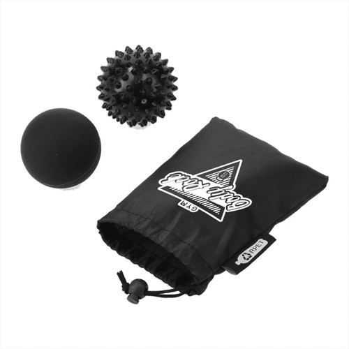 A black pouch containing two massage balls: one smooth and round, the other spiky, both black in colour. A black pouch containing two massage balls: one smooth and round, the other spiky, both black in colour.