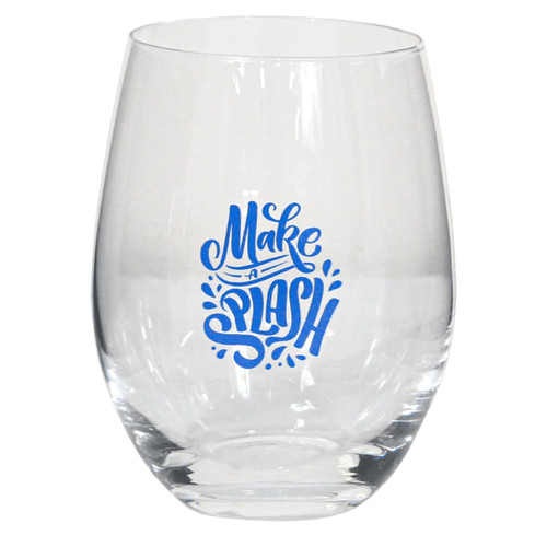 A stemless wine glass with a clear design and a blue printed slogan, featuring a logo.