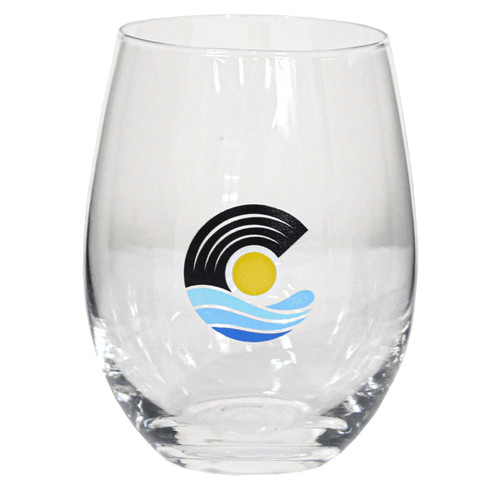 A stemless wine glass with a clear body, featuring a logo with black, yellow, and blue design elements.