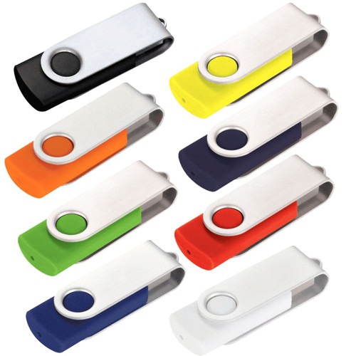 A collection of eight Rotate USB flash drives in various colours, featuring a white body and coloured accents.