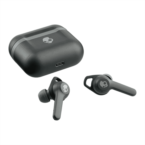 True wireless earbuds in black with a matching charging case, featuring a logo on the case. True wireless earbuds in black with a matching charging case, featuring a logo on the case.