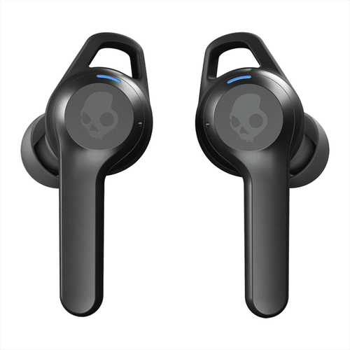 True wireless earbuds in black with a logo, featuring a sleek design and blue indicator light. True wireless earbuds in black with a logo, featuring a sleek design and blue indicator light.