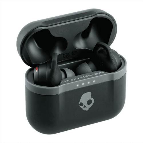 True wireless earbuds in black with a charging case. The case features a logo. True wireless earbuds in black with a charging case. The case features a logo.