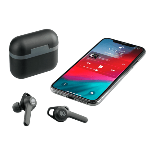 True wireless earbuds in black with a matching charging case and a smartphone displaying music playback. True wireless earbuds in black with a matching charging case and a smartphone displaying music playback.