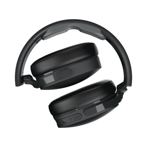 A pair of black wireless headphones with a sleek design and adjustable headband, featuring a logo on the side. A pair of black wireless headphones with a sleek design and adjustable headband, featuring a logo on the side.