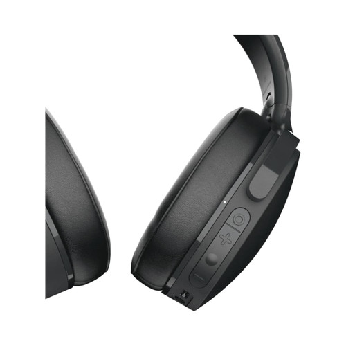A pair of black wireless headphones featuring controls and a logo, showcasing a sleek design. A pair of black wireless headphones featuring controls and a logo, showcasing a sleek design.