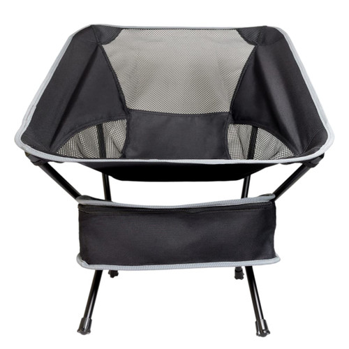 A black Marlin Folding Chair featuring a mesh back and a sturdy frame, with a pocket at the bottom. A black Marlin Folding Chair featuring a mesh back and a sturdy frame, with a pocket at the bottom.