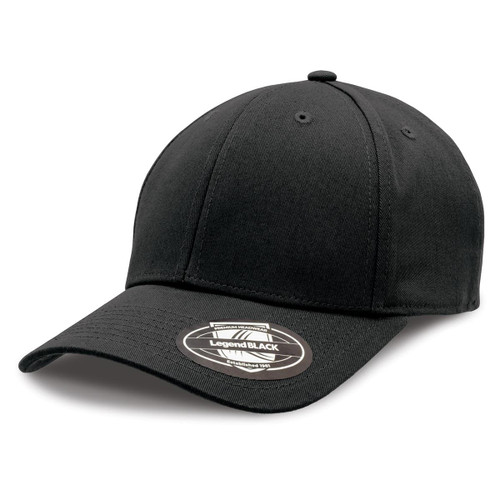 A black cap with a curved visor and branding on the underside of the peak.