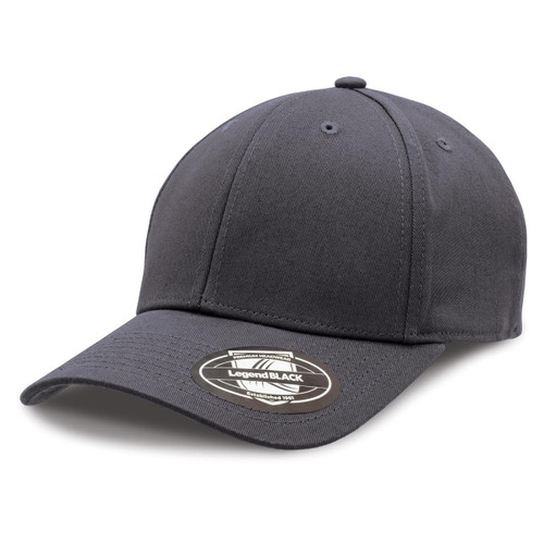 A black cap with a curved brim and a logo on the front, featuring a structured design.