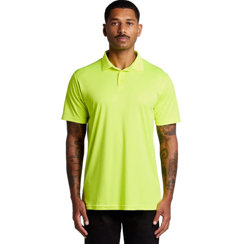 A bright yellow polo shirt with short sleeves, featuring a collar and a logo at the chest.