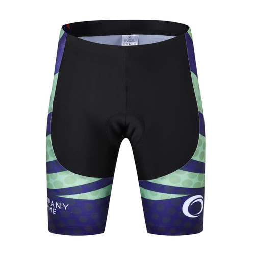 Men's sublimated cycling shorts in black with green and blue wave patterns, featuring a logo on the side.