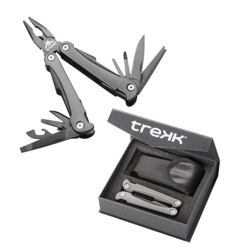 A black multi-tool with pliers, various blades, and tools, presented in a black box with a logo. A black multi-tool with pliers, various blades, and tools, presented in a black box with a logo.