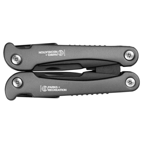 A black multi-tool with a sleek design and a logo, folded for compact storage with visible screws. A black multi-tool with a sleek design and a logo, folded for compact storage with visible screws.