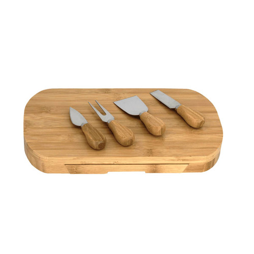 A bamboo cheeseboard set featuring four stainless steel knives with wooden handles.