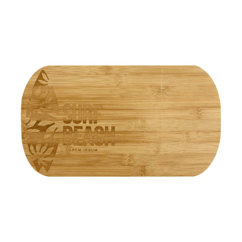 A bamboo cheese board with a logo, featuring a smooth, oval design. Natural wood colour enhances its rustic appeal.