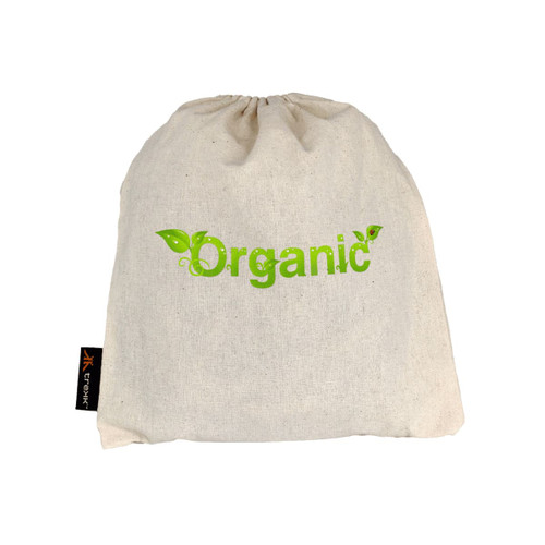 A natural fabric drawstring bag in cream colour featuring the word "Organic" in green lettering with leaf designs. A natural fabric drawstring bag in cream colour featuring the word "Organic" in green lettering with leaf designs.