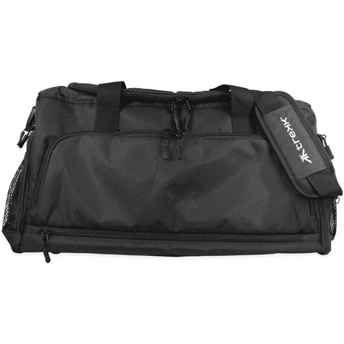 A black duffle bag with a shoulder strap and zipper compartments. It features a logo and mesh detailing.