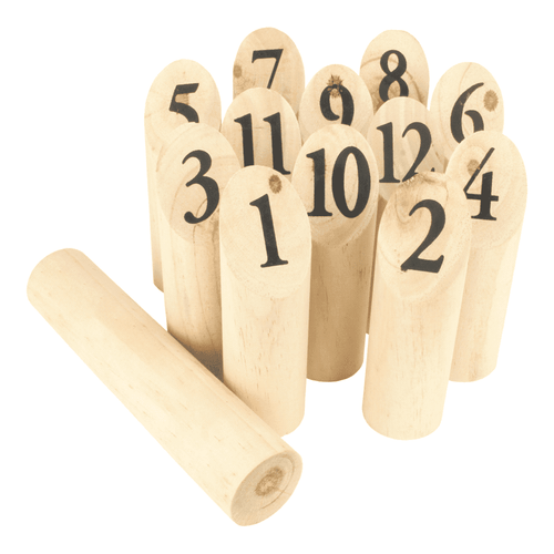 A set of wooden skittles numbered 1 to 12, with one larger wooden throwing pin beside them. A set of wooden skittles numbered 1 to 12, with one larger wooden throwing pin beside them.