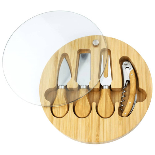 A round bamboo cheese board featuring a glass cover and four stainless steel cheese knives with wooden handles. A round bamboo cheese board featuring a glass cover and four stainless steel cheese knives with wooden handles.