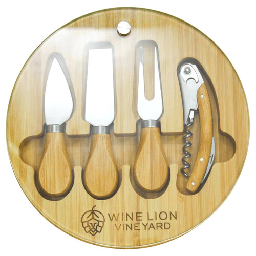 A round bamboo cheese board set featuring three cheese knives and a corkscrew, all with wooden handles. A round bamboo cheese board set featuring three cheese knives and a corkscrew, all with wooden handles.
